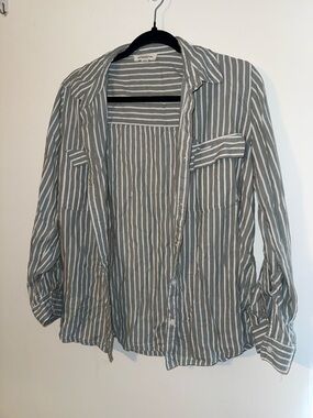 BeachLunchLounge Striped Button-Down long Sleeve Shirt Grey & White M Medium